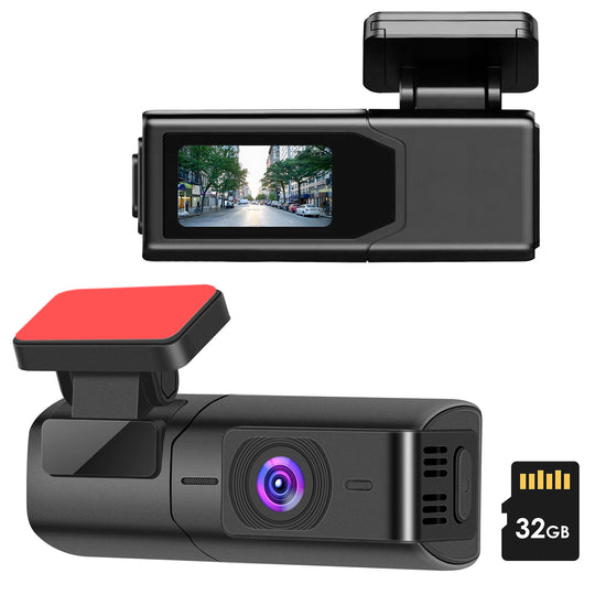 Car dashboard camera with screen, red button, and 32GB microSD card on a white background