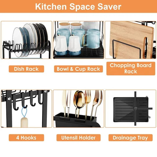Kitchen space saver with dish rack, bowl &amp; cup rack, chopping board rack, 4 hooks, utensil holder, and drainage tray.