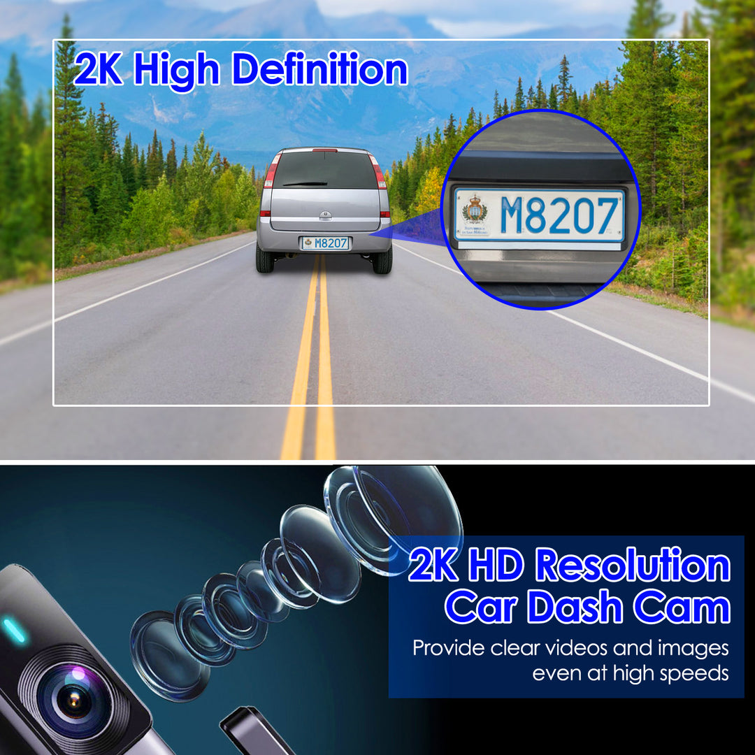 Car dash cam capturing a road scene with a close-up of the camera lens and text about 2K HD resolution.