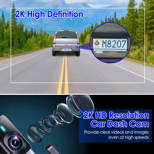 Car dash cam capturing a road scene with a close-up of the camera lens and text about 2K HD resolution.