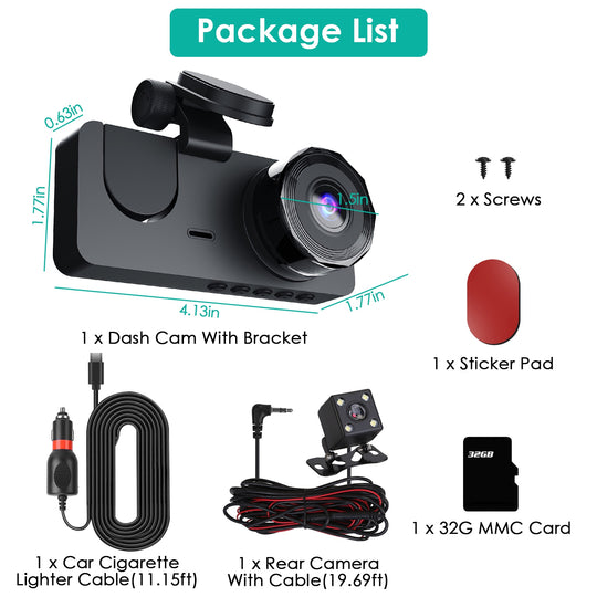 Package list of a car dashboard camera system with components shown.