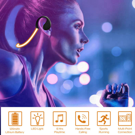 Woman wearing a smart earband with colorful lights and icons at the bottom.