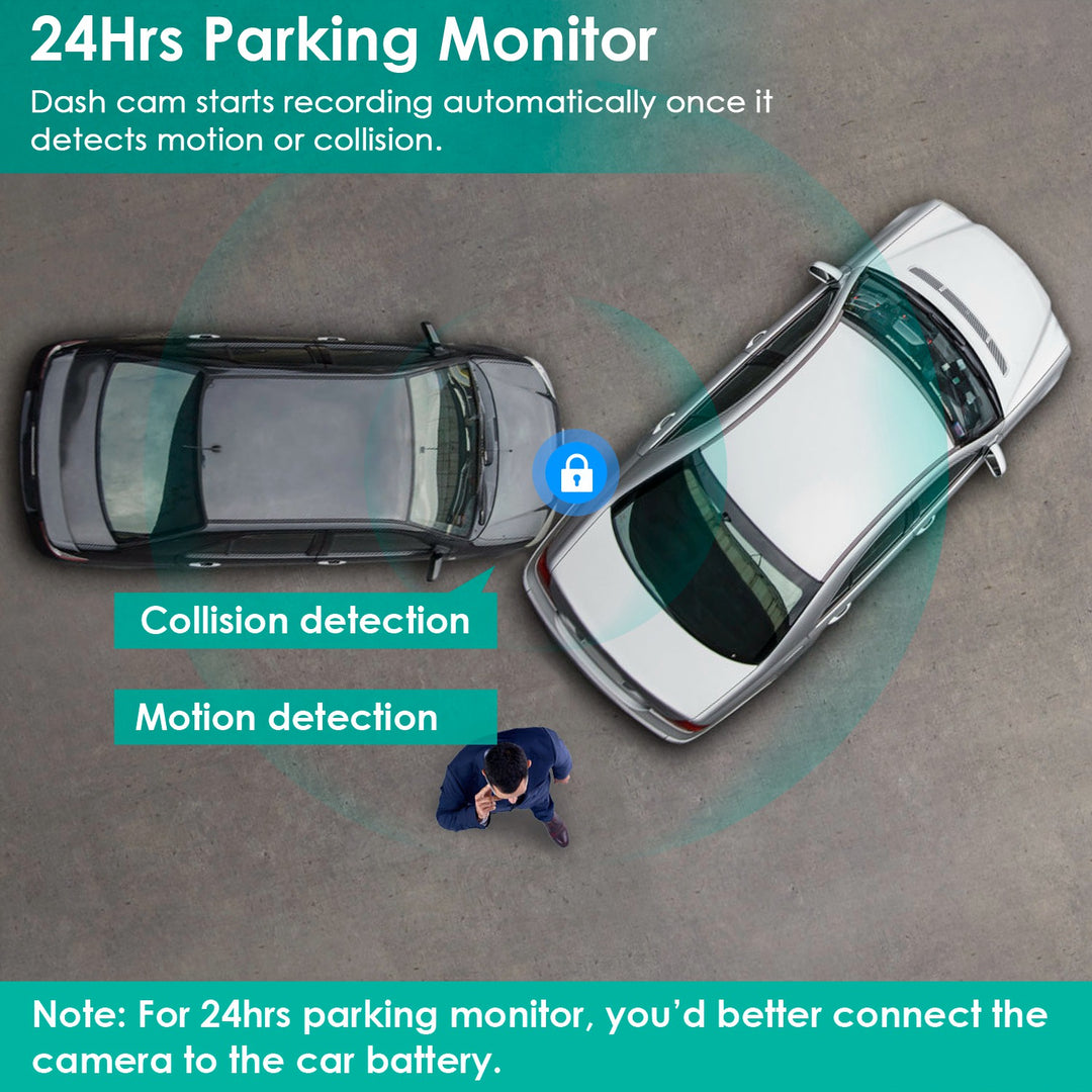 Two cars with a 24-hour parking monitor system and a person checking the camera.