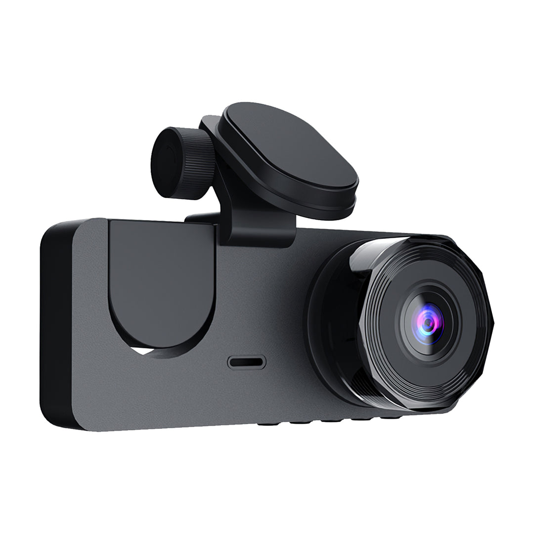 Car dashboard camera with a magnetic mount on a white background