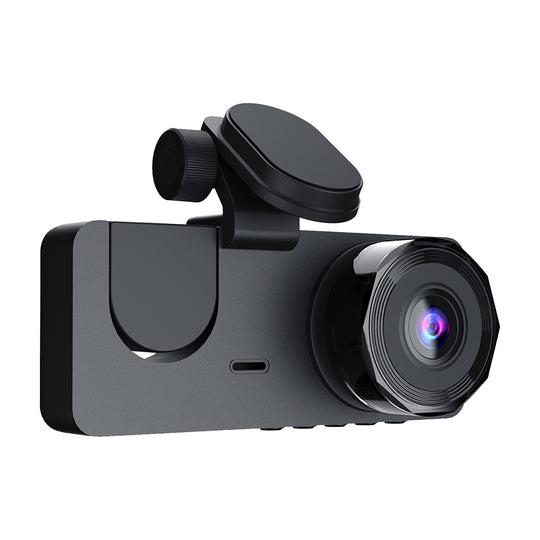 Car dashboard camera with a magnetic mount on a white background