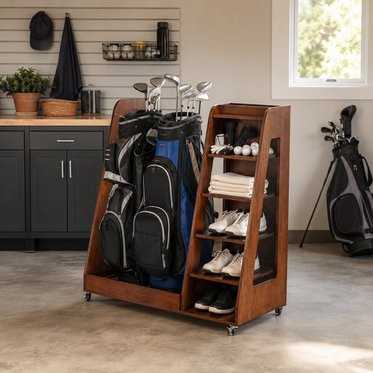 Wooden Golf Bag Organizer Storage Rack with Wheels for 2 Bags
