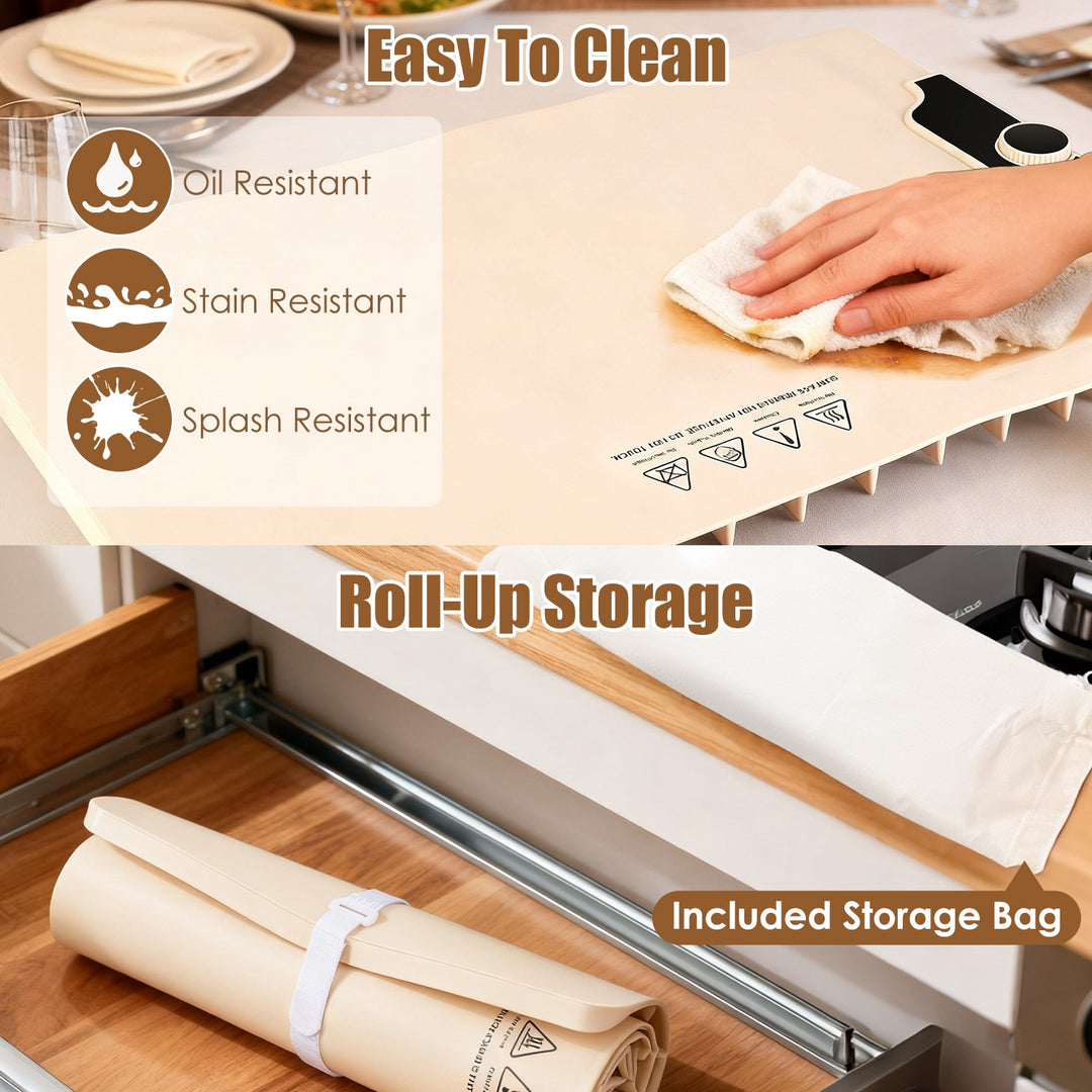 Wooden cutting board with text highlighting features like oil resistance, stain resistance, splash resistance, roll-up storage, and included storage bag.