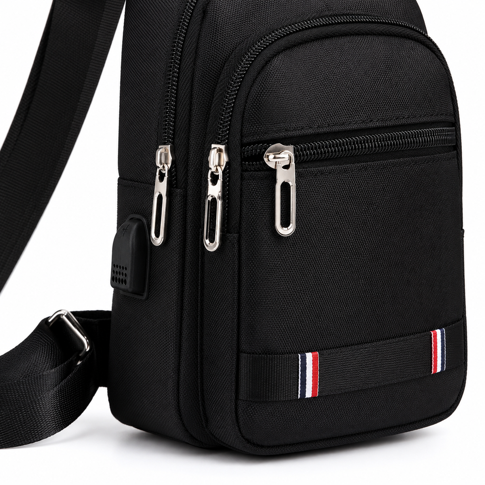 Oxford Crossbody Sling Bag with USB Port & 3 Zip Pockets