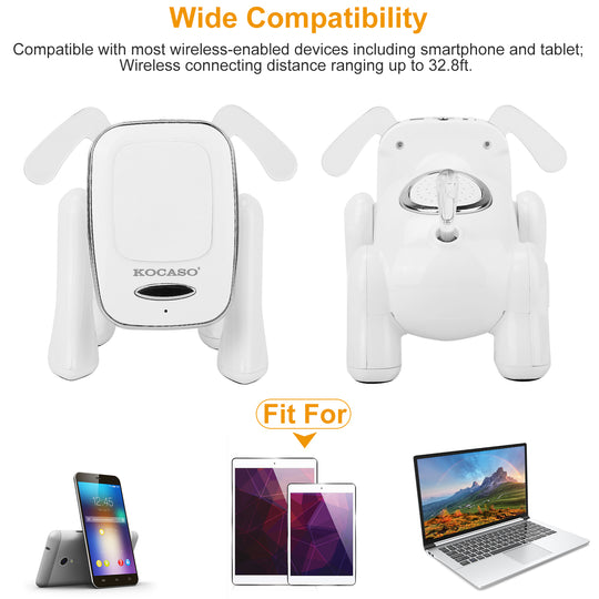 White dog-shaped wireless charging pad with KOCASO branding, compatibility text, and devices shown.