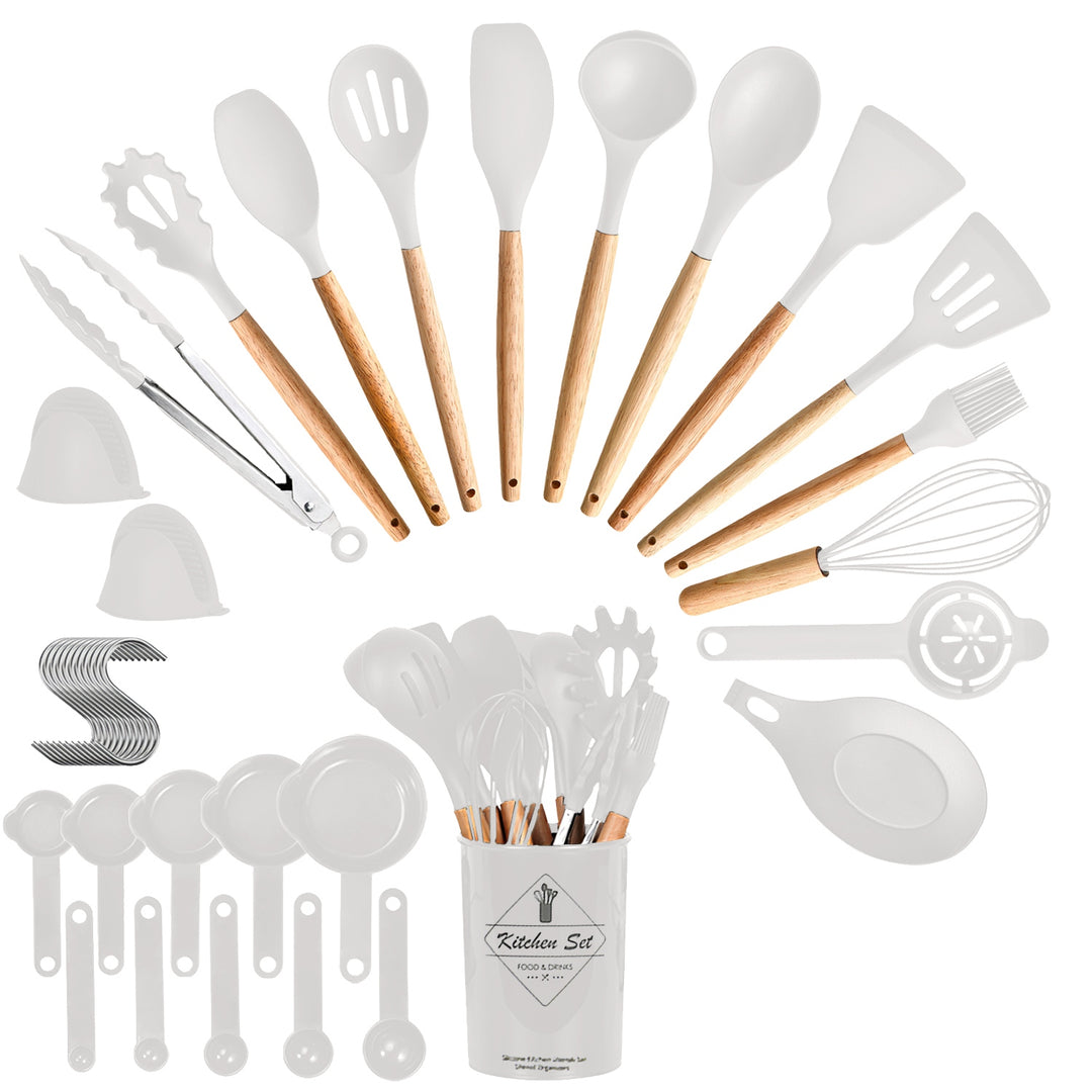 Set of kitchen utensils including spatulas, spoons, and measuring cups with a white container labeled &