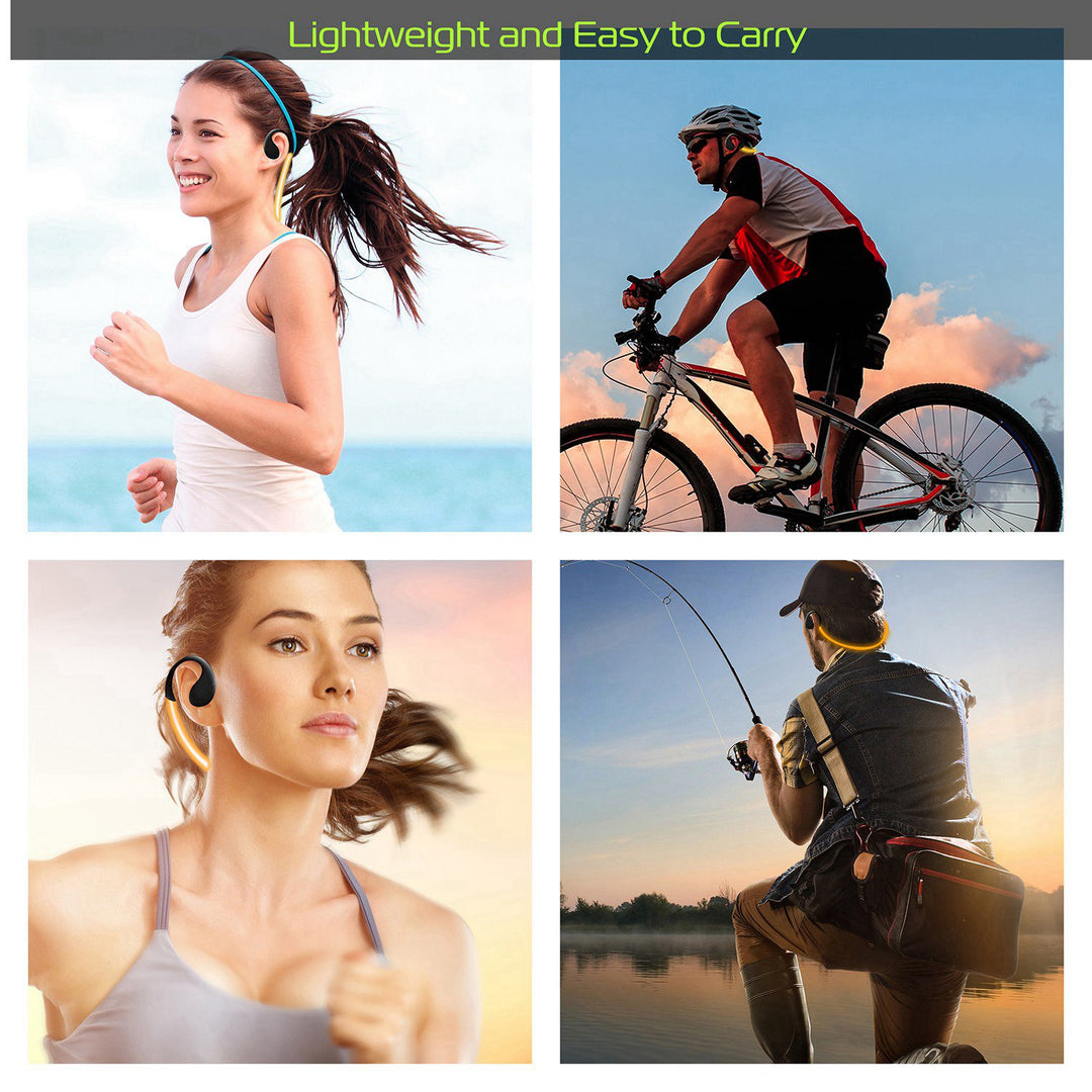 Collage of people using wireless earbuds in various activities with text &