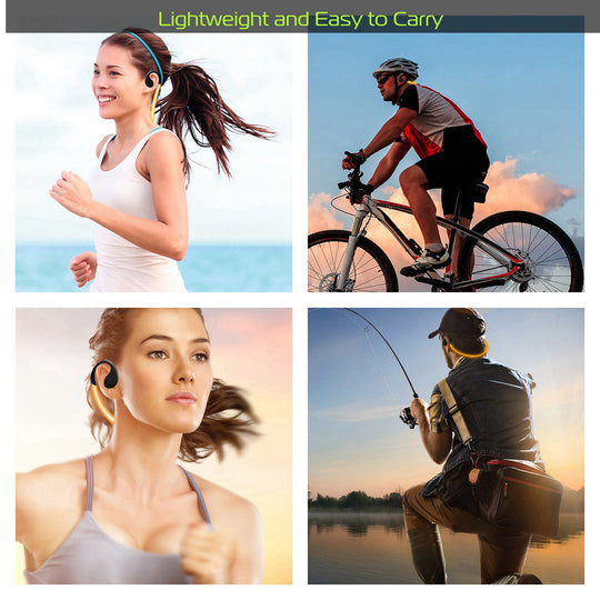 Collage of people using wireless earbuds in various activities with text &