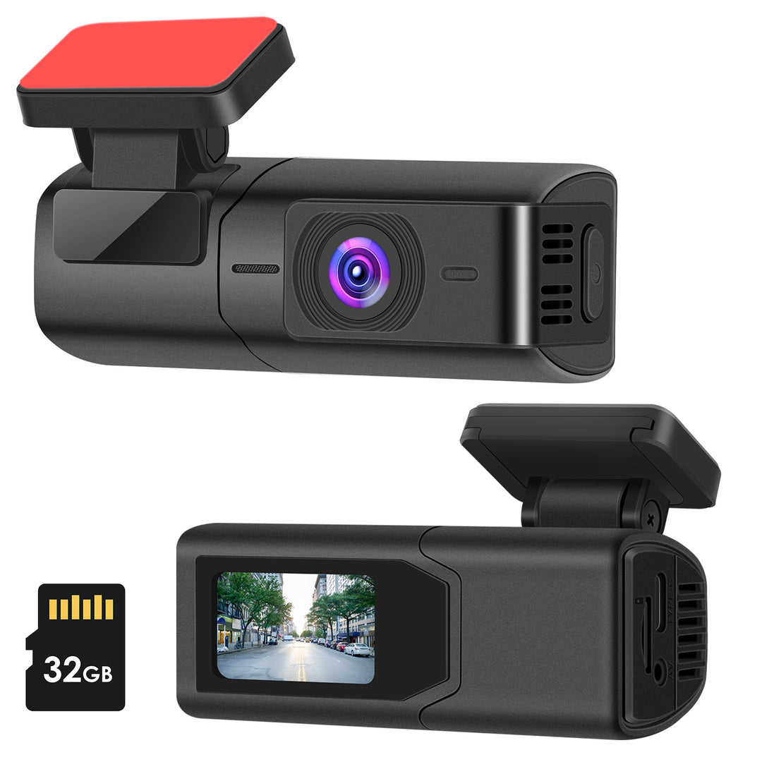 Car dashboard camera with a 32GB microSD card on a white background