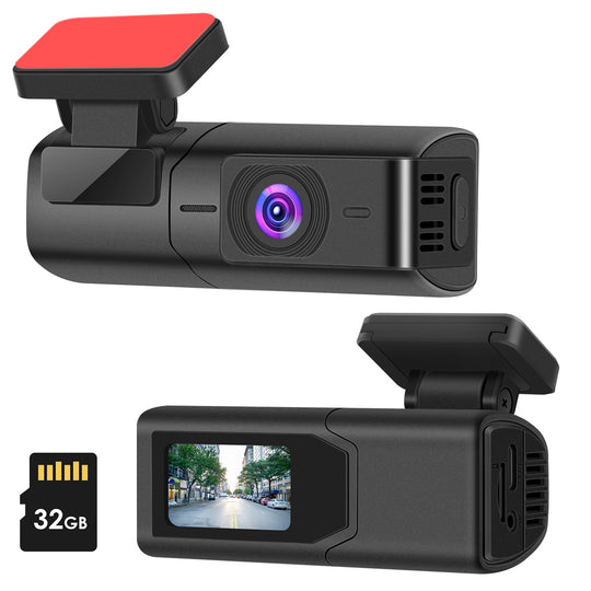 Car dashboard camera with a 32GB microSD card on a white background