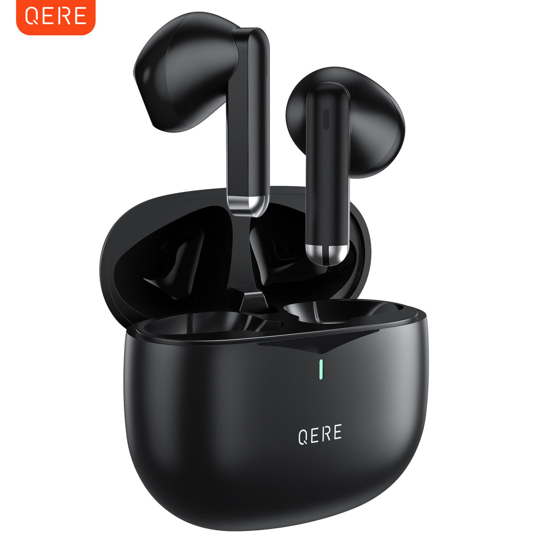 Black wireless earbuds with charging case on a white background, featuring the QERE brand.