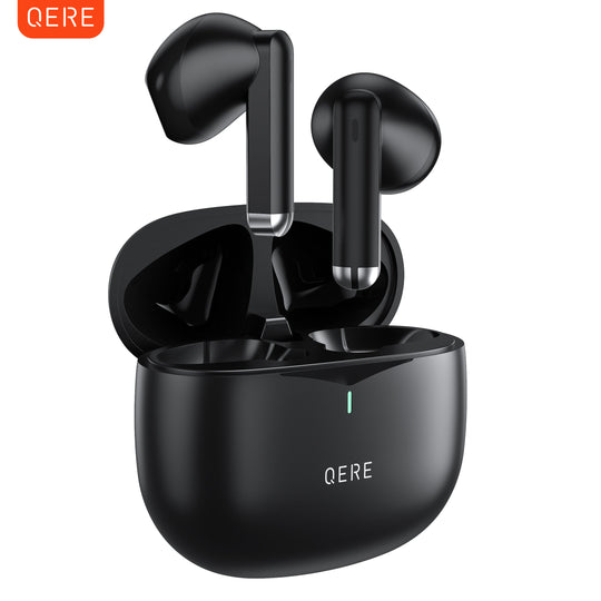 Black wireless earbuds with charging case on a white background, featuring the QERE brand.