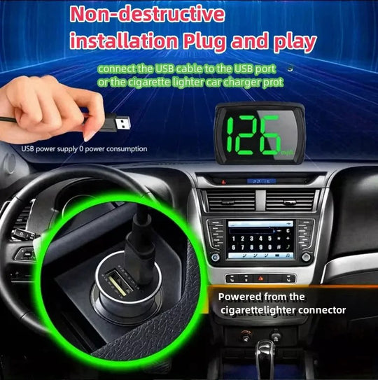 Car dashboard with USB charger and digital display, showing non-destructive installation and plug and play features.