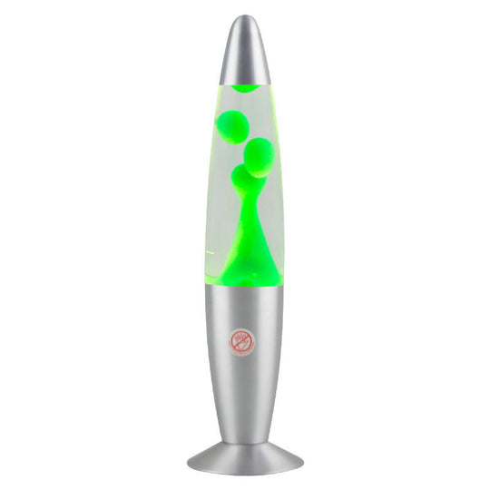Lava lamp with green liquid and silver base on a white background