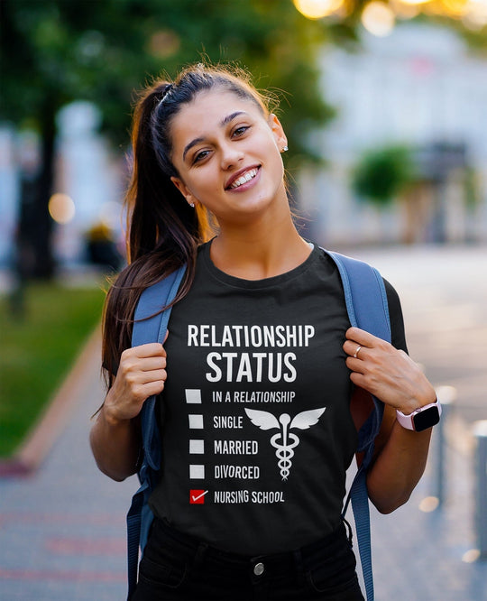 Woman wearing a black t-shirt with &