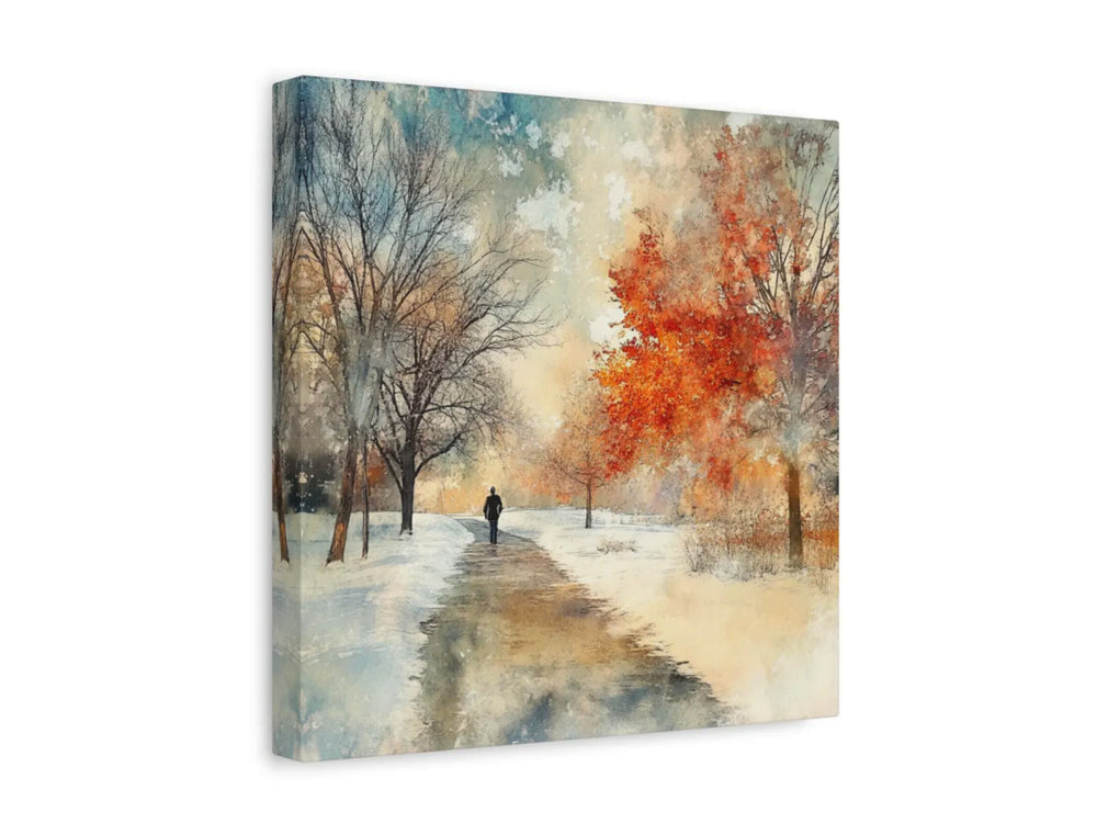 Canvas print of a winter landscape with trees and a person walking on a path.