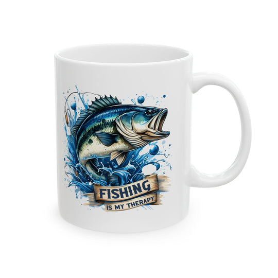 Fishing Therapy Mug 11oz Ceramic Coffee Cup with Bass Fish Design