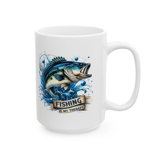Fishing Therapy Mug 11oz Ceramic Coffee Cup with Bass Fish Design