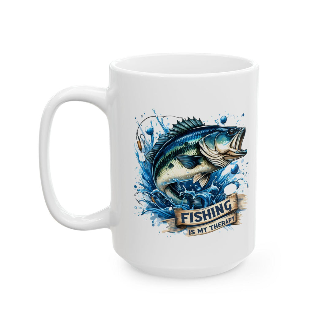 Fishing Therapy Mug 11oz Ceramic Coffee Cup with Bass Fish Design