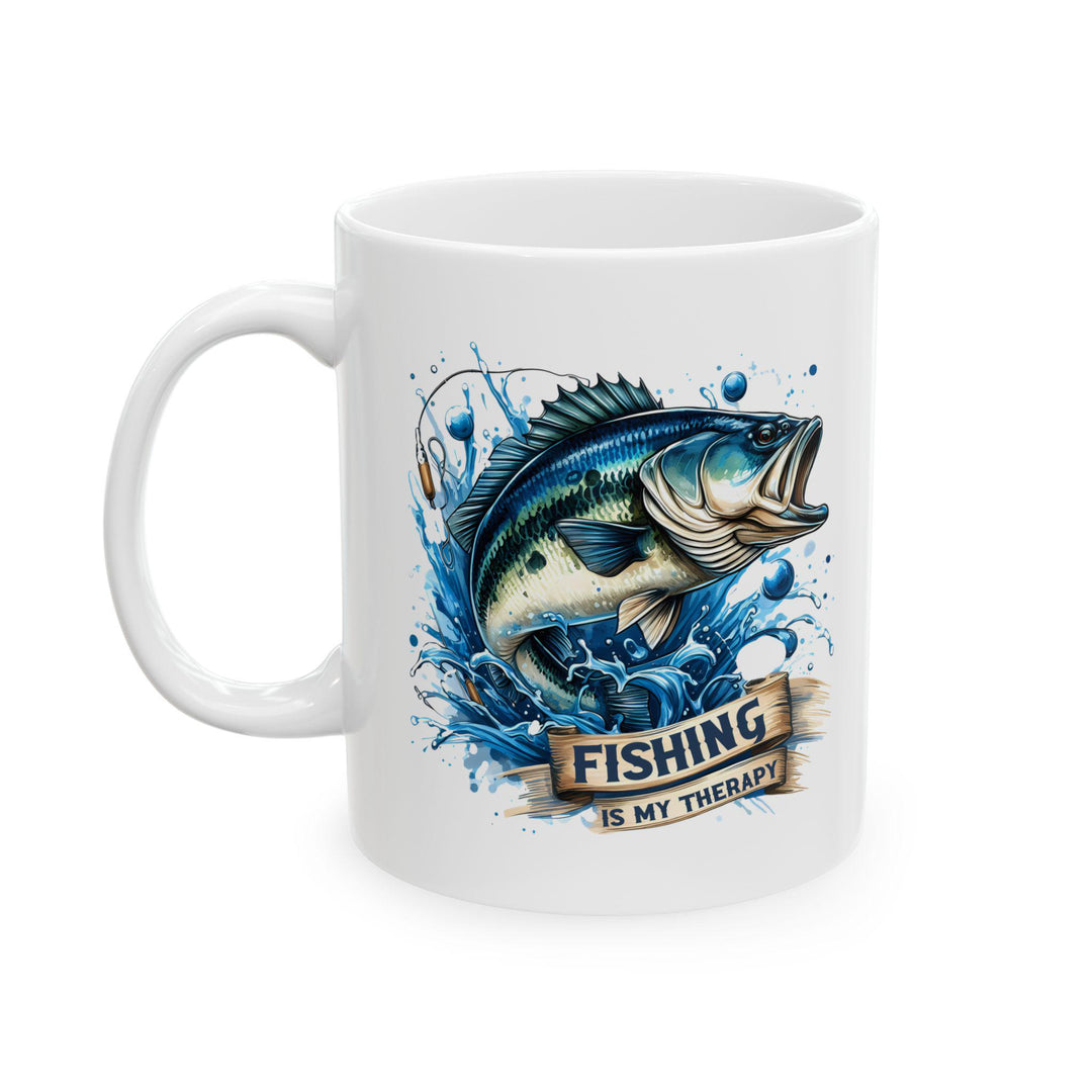 Fishing Therapy Mug 11oz Ceramic Coffee Cup with Bass Fish Design