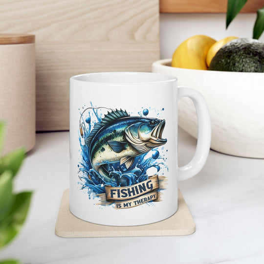 Fishing Therapy Mug 11oz Ceramic Coffee Cup with Bass Fish Design