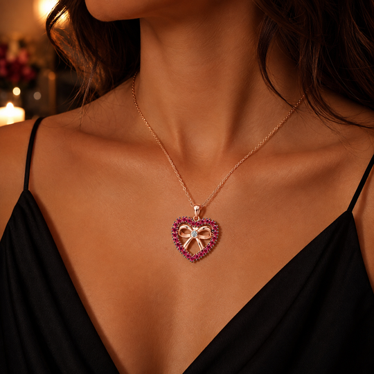 Rose Gold Heart &amp; Bow Pendant Necklace