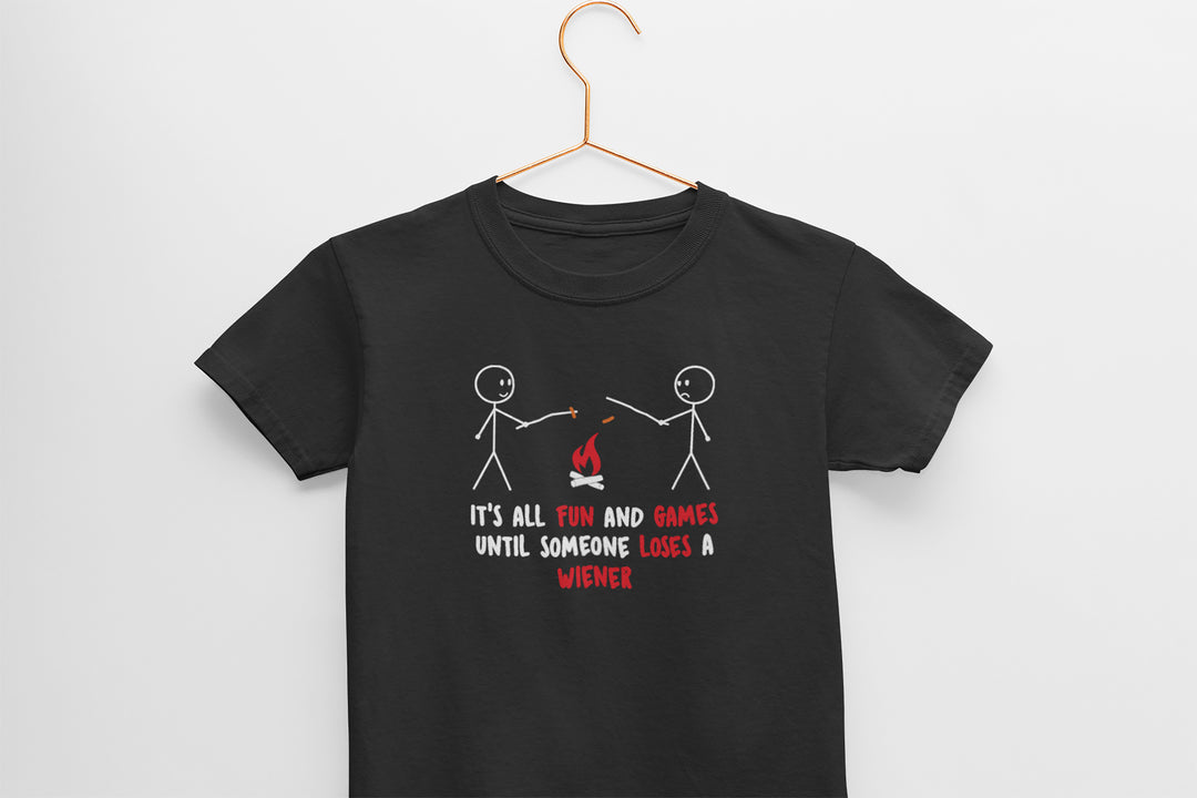 Black t-shirt with graphic design and text on a hanger against a white background