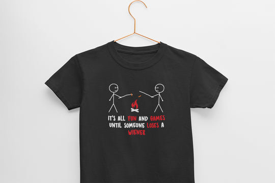 Black t-shirt with graphic design and text on a hanger against a white background