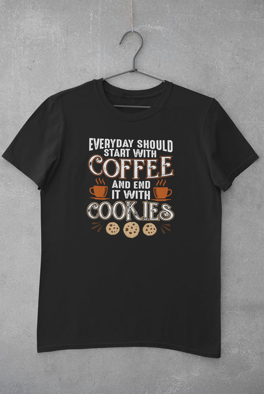 Black t-shirt with text and graphics on a gray background