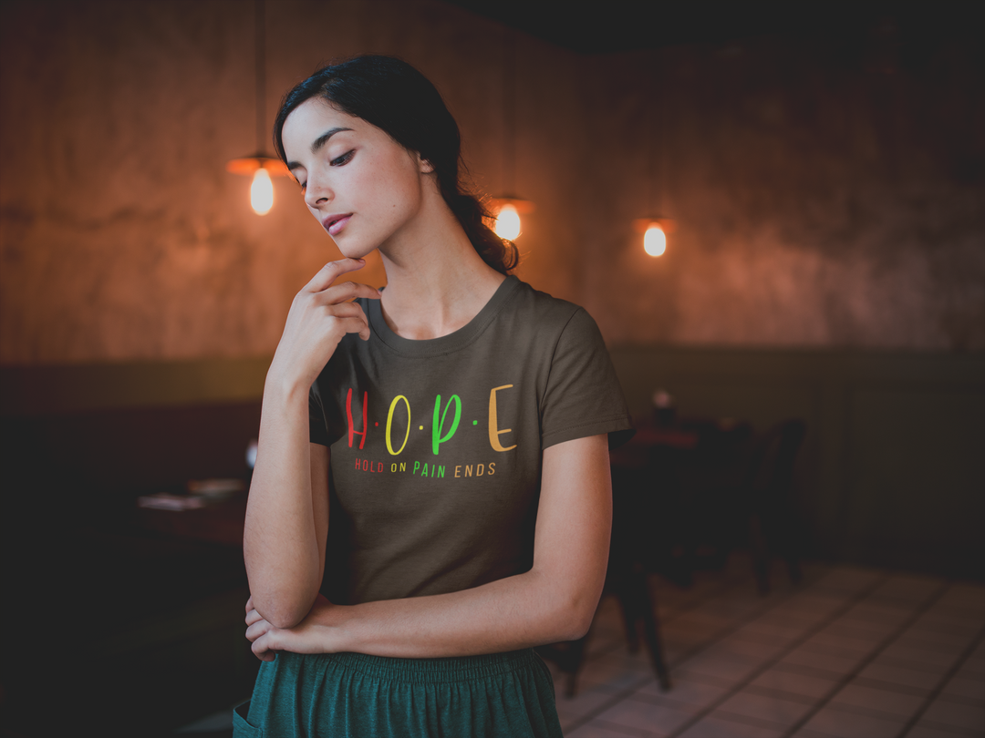 Woman wearing a t-shirt with &