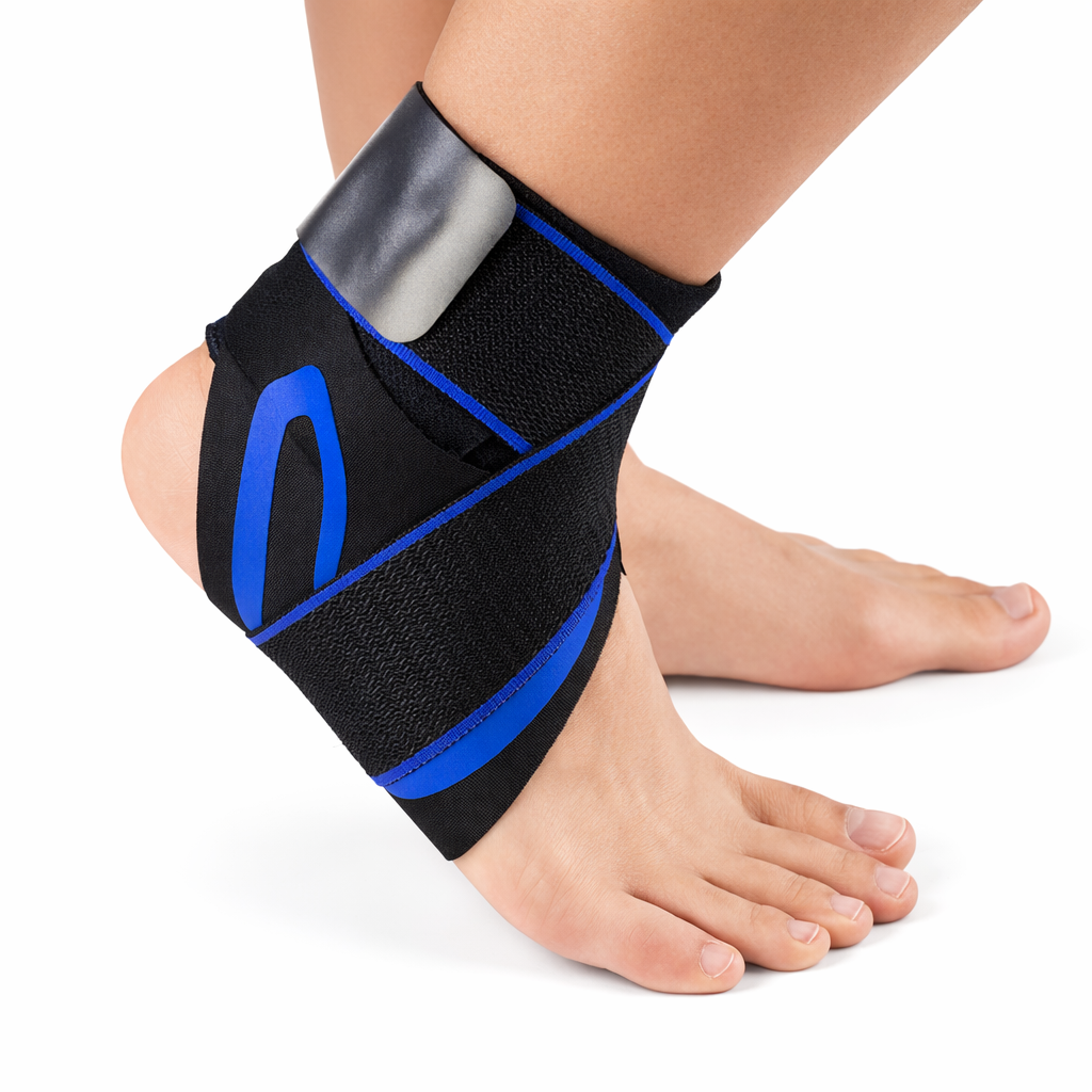 Ankle support brace with adjustable compression wrap on foot, black and blue design.