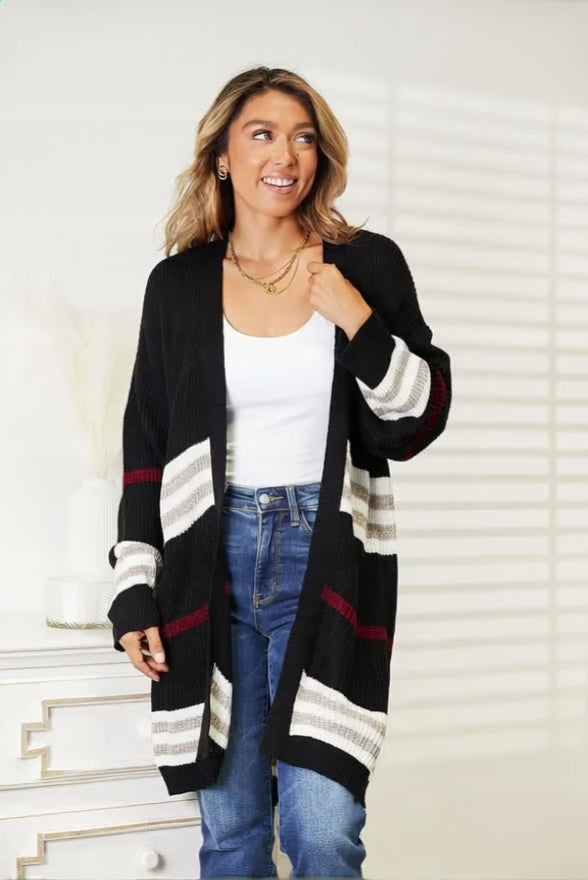 Women’s Striped Long Open-Front Knit Cardigan