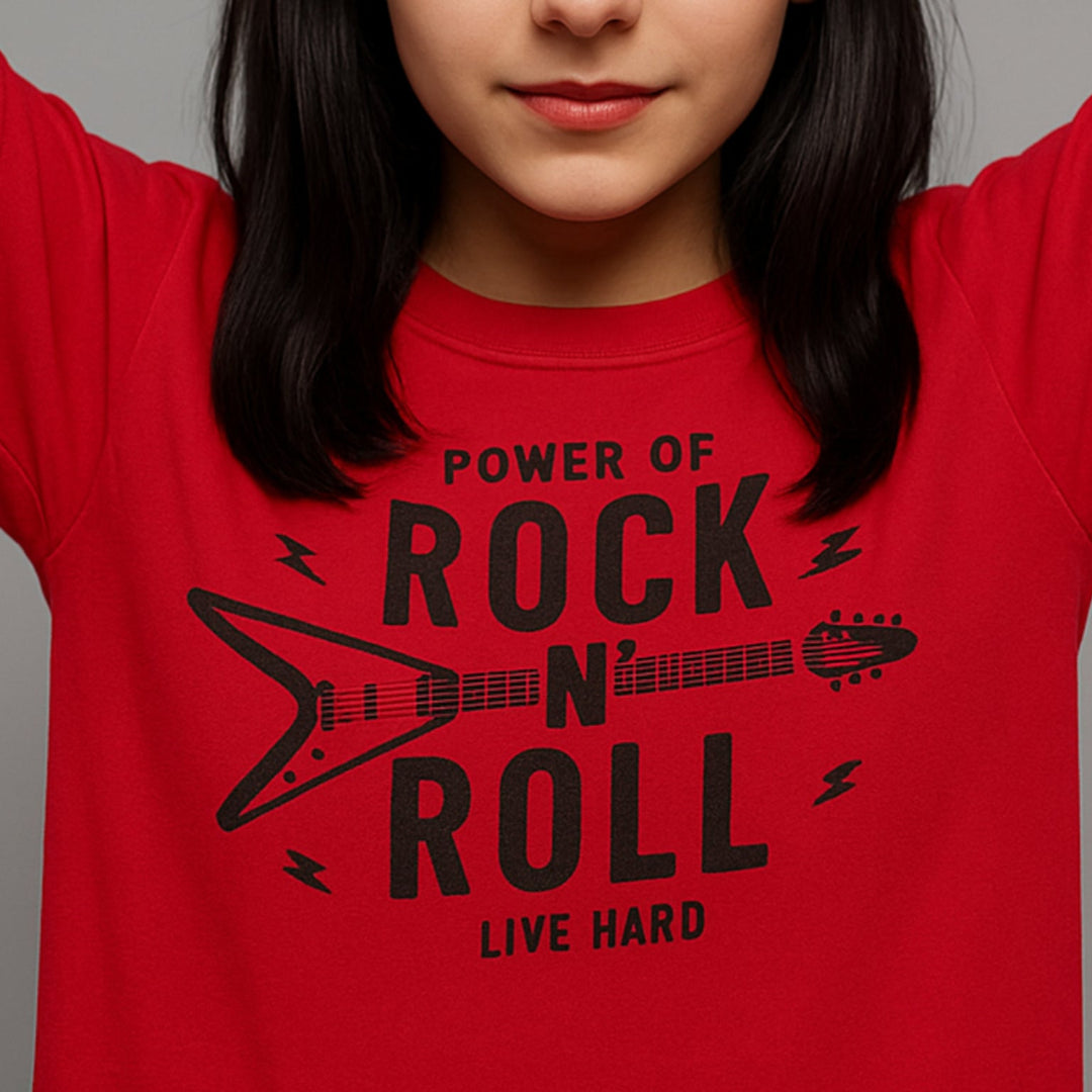 Person wearing a red t-shirt with 'Power of Rock n' Roll Live Hard' text and graphic.