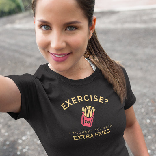 Woman wearing a black t-shirt with a humorous French fry graphic and text.