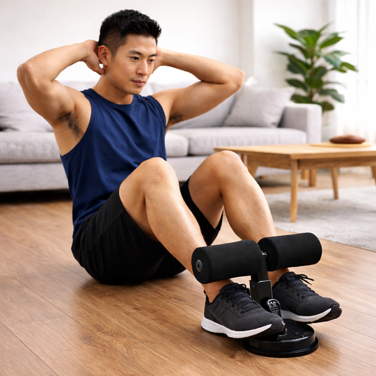 Male using portable sit-up bar trainer during home workout on hardwood floor.