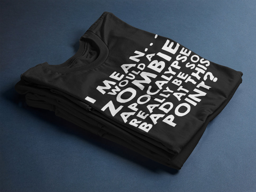 Black t-shirt with white text on a blue background