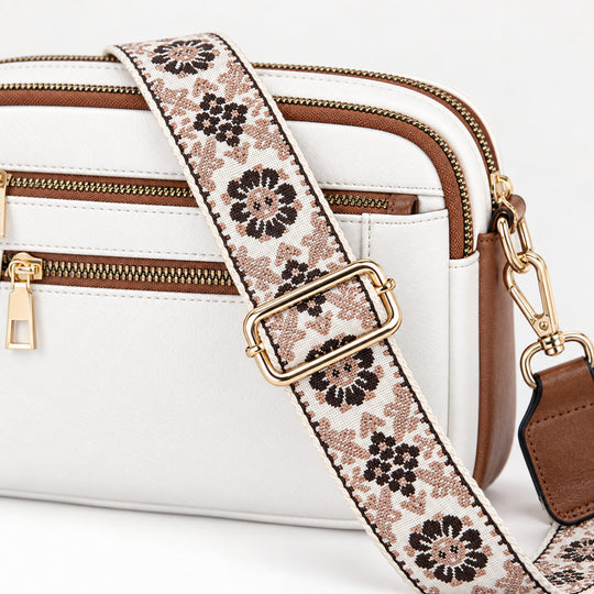 Triple-Zip Crossbody Bag with Floral Strap
