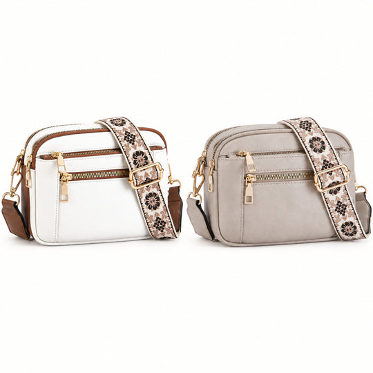Triple-Zip Crossbody Bag with Floral Strap
