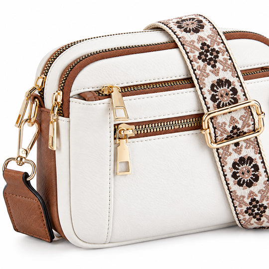 Triple-Zip Crossbody Bag with Floral Strap