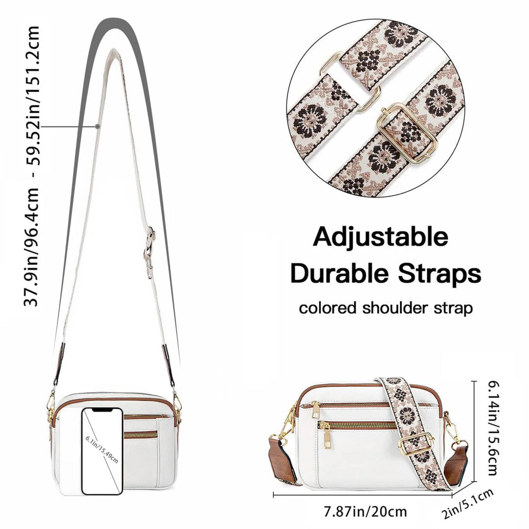 Triple-Zip Crossbody Bag with Floral Strap