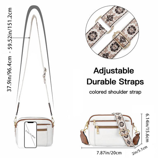 Triple-Zip Crossbody Bag with Floral Strap