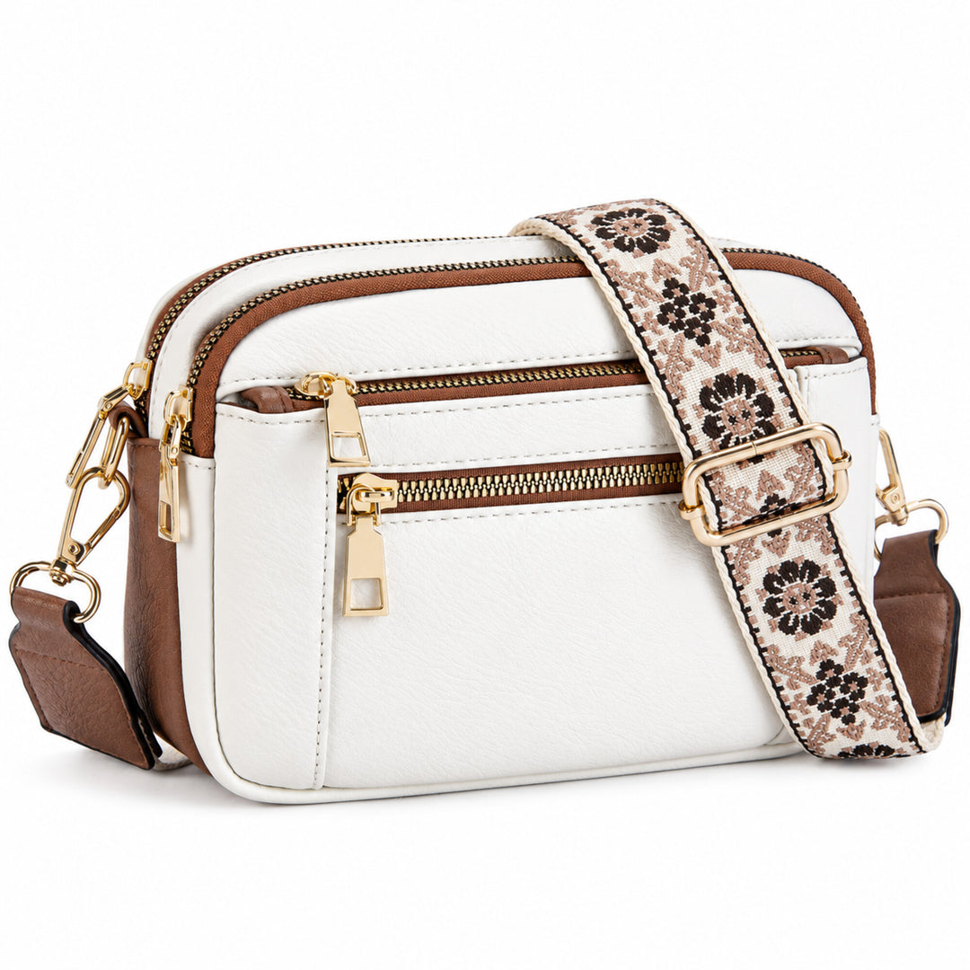 Triple-Zip Crossbody Bag with Floral Strap