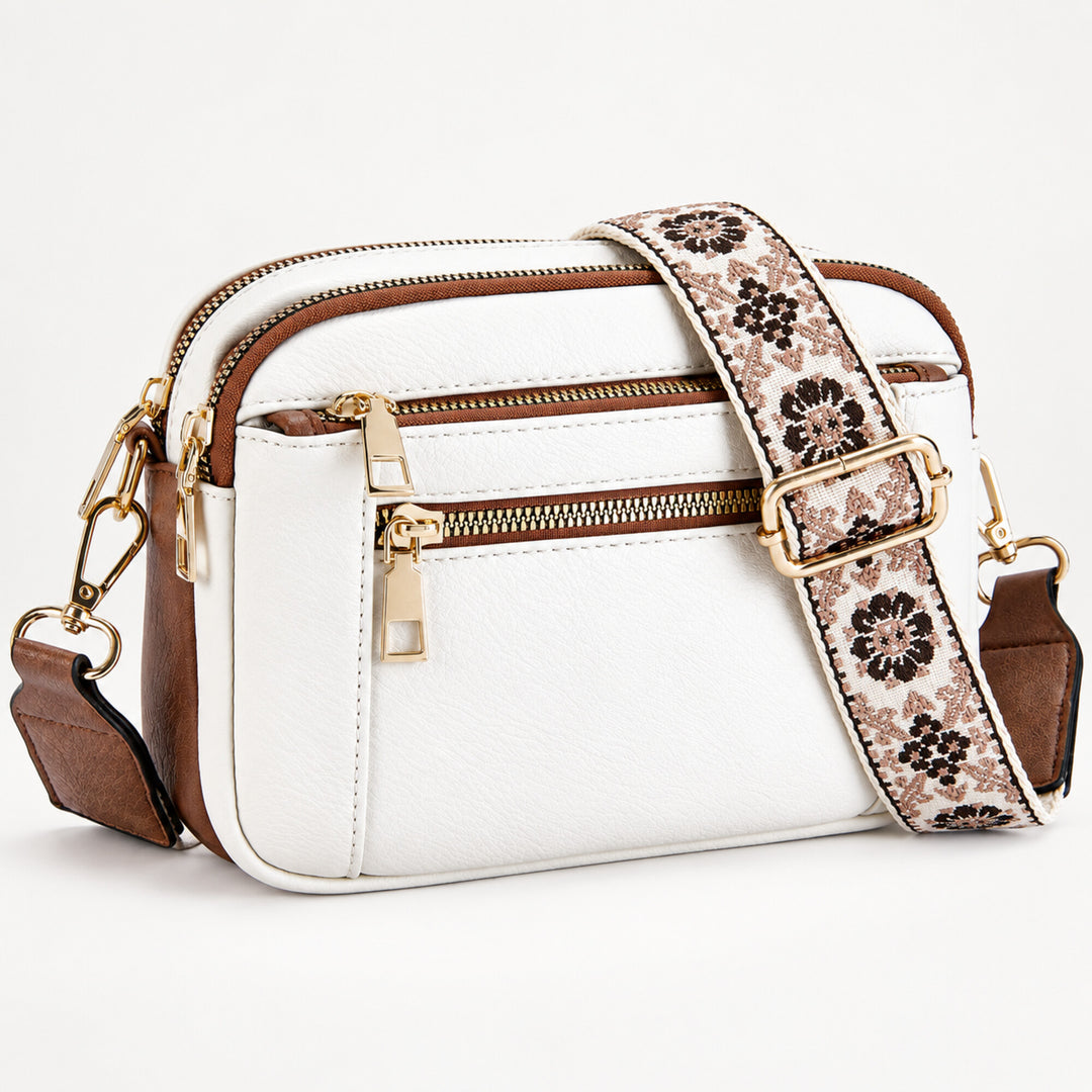 Triple-Zip Crossbody Bag with Floral Strap