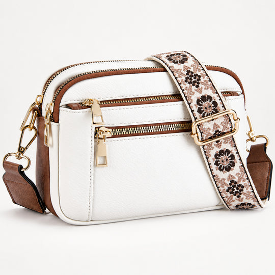 Triple-Zip Crossbody Bag with Floral Strap
